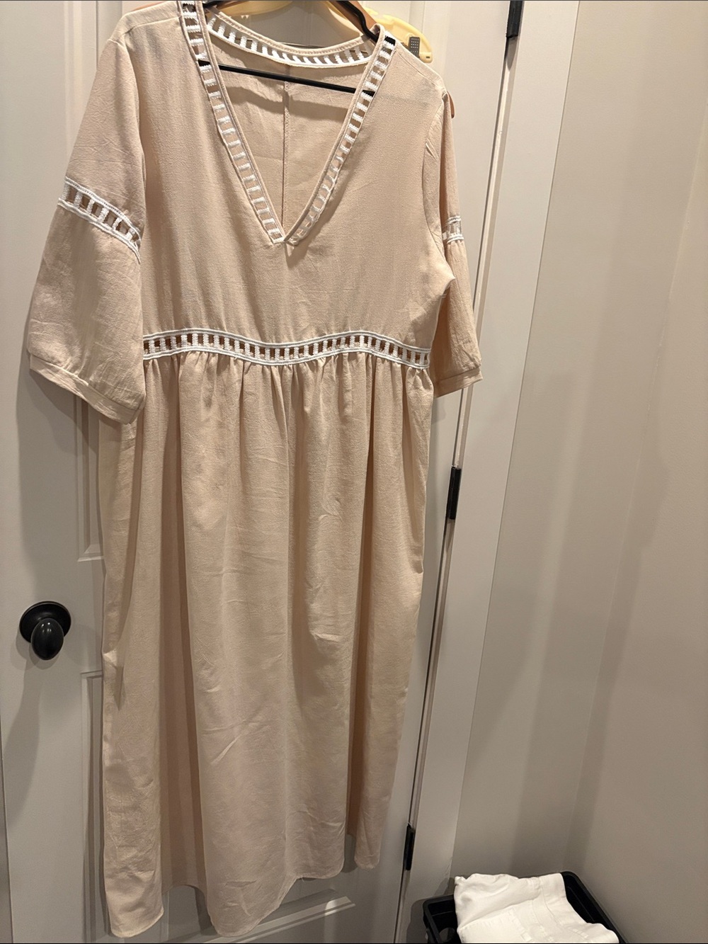 Neutral Cream V-Neck Midi Dress with Ladder Trim